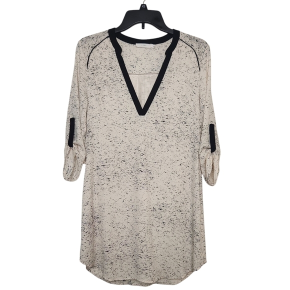 Lush Women's Cream/Black  V-Neck Trim Speckled Pattern Tunic Blouse Size S - Picture 1 of 15